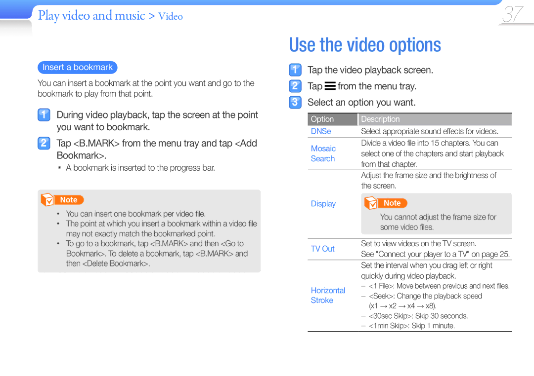 Samsung YP-R1CS/HAC Use the video options, Insert a bookmark, Bookmark is inserted to the progress bar, Option Description 