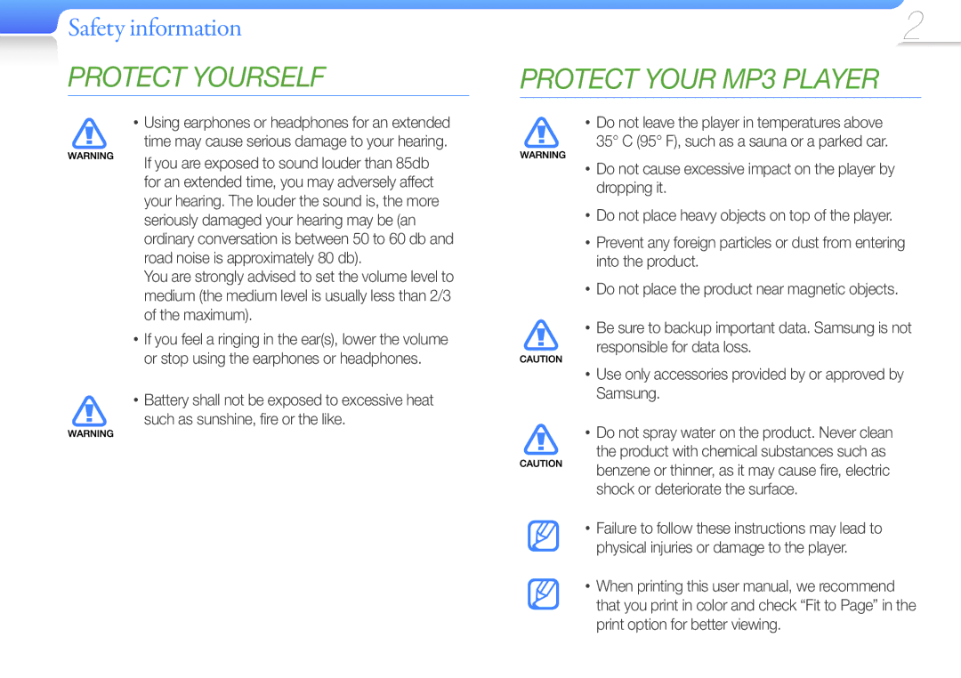 Samsung YP-R1CB/MEA, YP-R1CS/AAW, YP-R1CS/MEA, YP-R1CB/AAW Safety information, Using earphones or headphones for an extended 