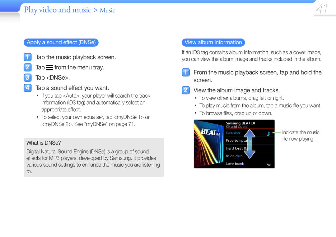 Samsung YP-R1CS/MEA manual Apply a sound effect DNSe, View album information, To view other albums, drag left or right 