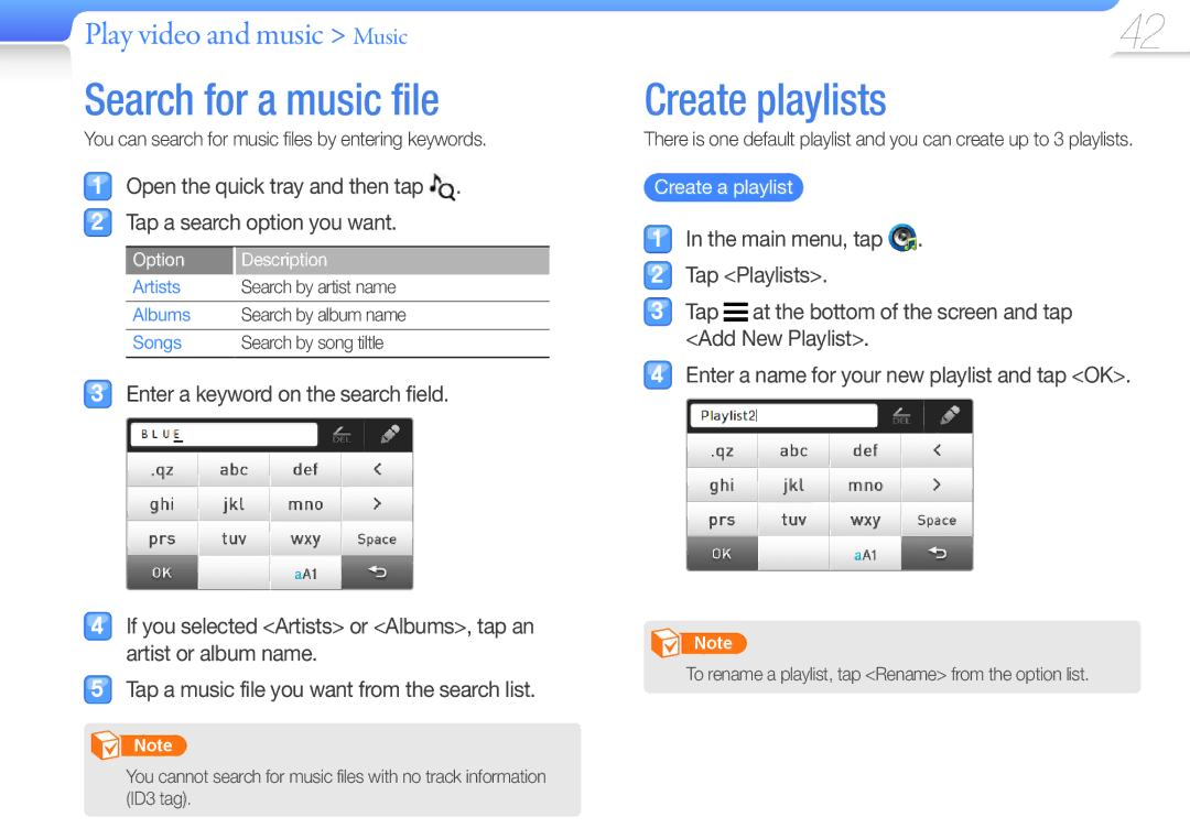 Samsung YP-R1CB/AAW manual Search for a music file, Create playlists, You can search for music files by entering keywords 