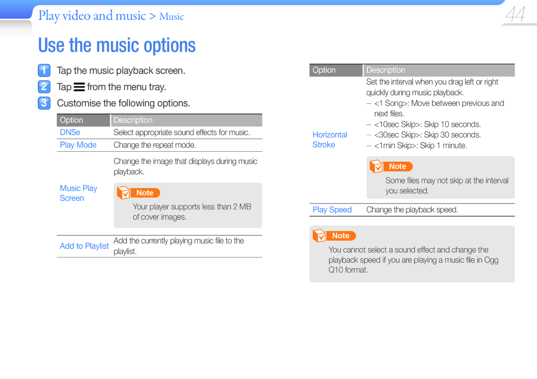 Samsung YP-R1CB/MEA, YP-R1CS/AAW, YP-R1CS/MEA, YP-R1CB/AAW Use the music options, Play Mode, Music Play Screen, Play Speed 