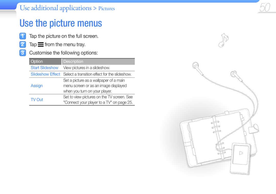 Samsung YP-R1EB/AAW Use the picture menus, Use additional applications Pictures, View pictures in a slideshow, Assign 