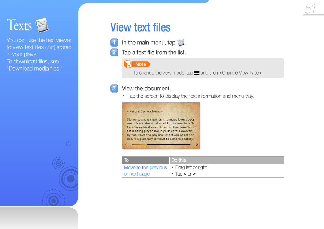 Samsung YP-R1CS/HAC, YP-R1CS/AAW Texts, View text files, Main menu, tap Tap a text file from the list, View the document 