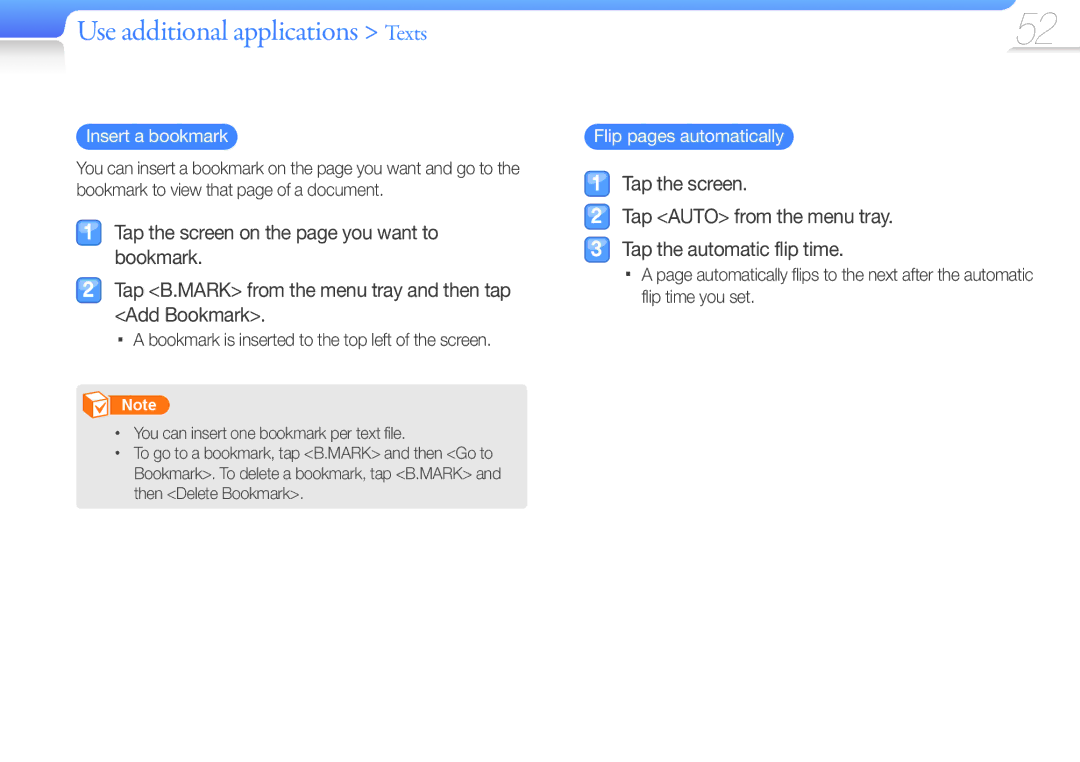 Samsung YP-R1EB/MEA, YP-R1CS/AAW Use additional applications Texts, Bookmark is inserted to the top left of the screen 