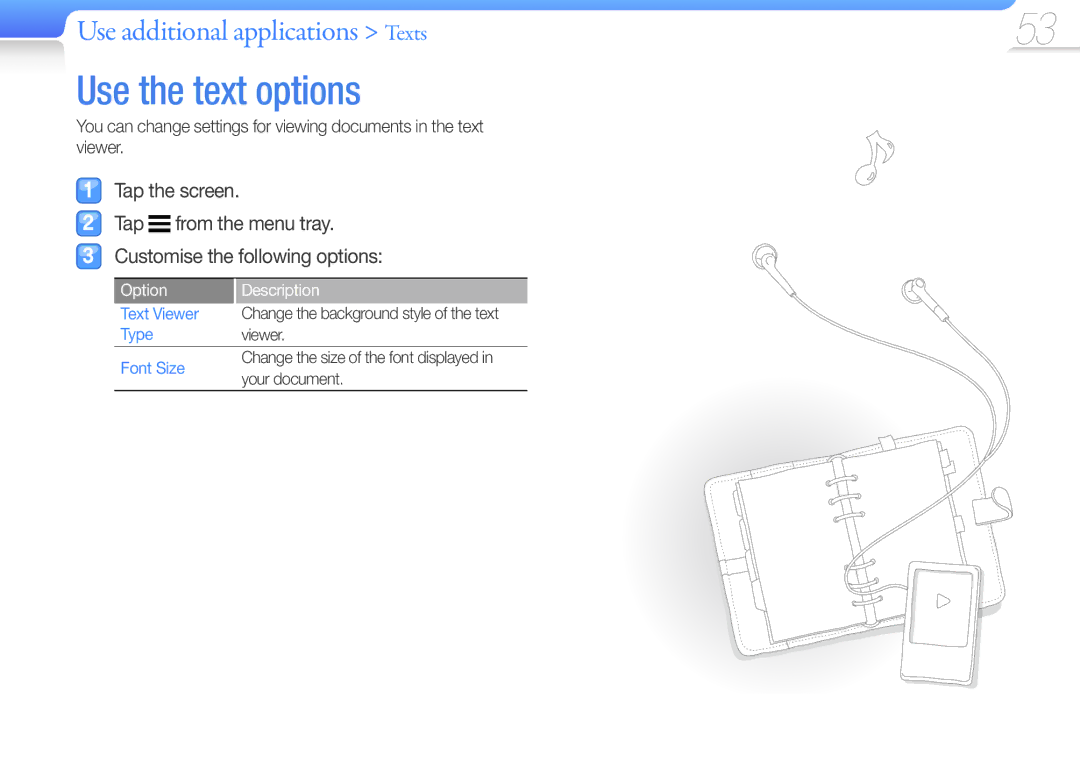 Samsung YP-R1AS/AAW, YP-R1CS/AAW, YP-R1CS/MEA, YP-R1CB/AAW, YP-R1AB/AAW Use the text options, Text Viewer, Type, Font Size 