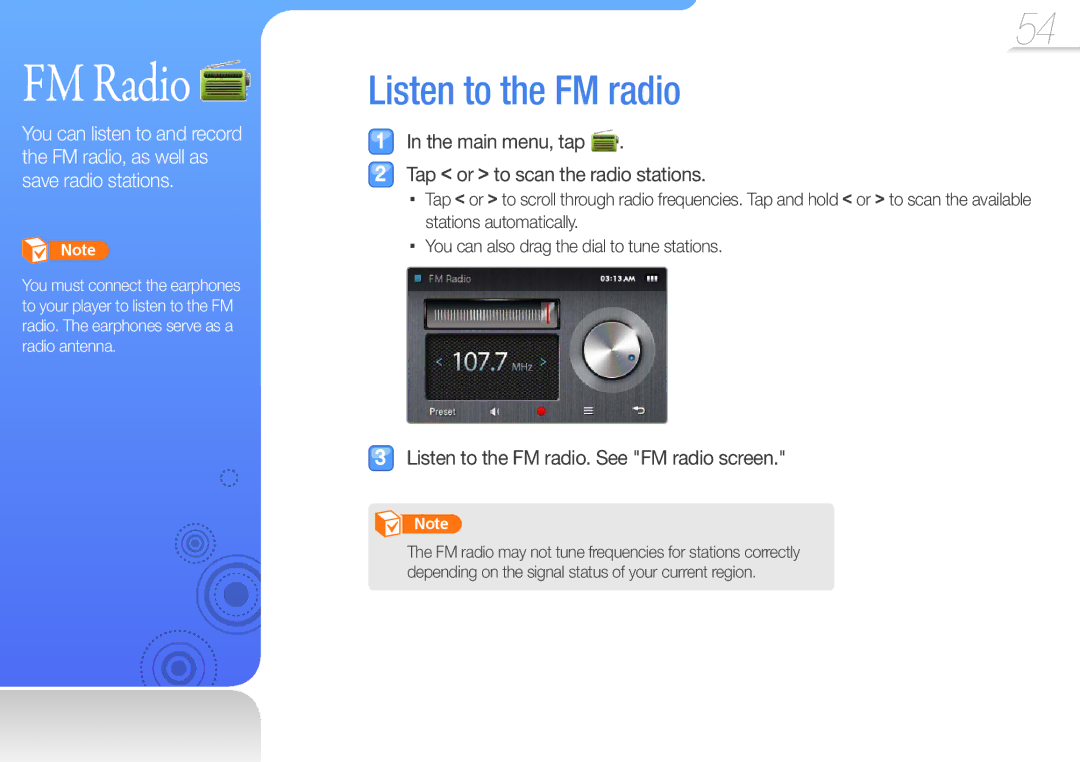 Samsung YP-R1CS/AAW, YP-R1CS/MEA manual FM Radio, Listen to the FM radio, Main menu, tap Tap or to scan the radio stations 