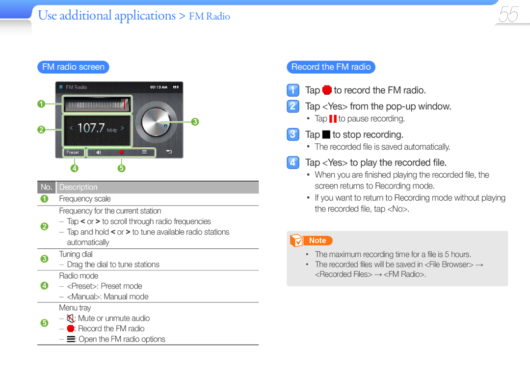 Samsung YP-R1CS/MEA manual Use additional applications FM Radio, Tap to record the FM radio Tap Yes from the pop-up window 