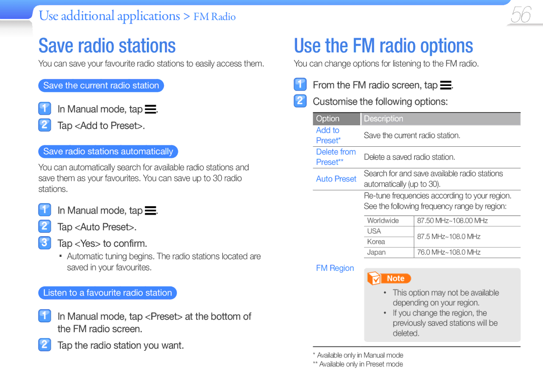 Samsung YP-R1CB/AAW, YP-R1CS/AAW manual Save radio stations, Use the FM radio options, Manual mode, tap Tap Add to Preset 