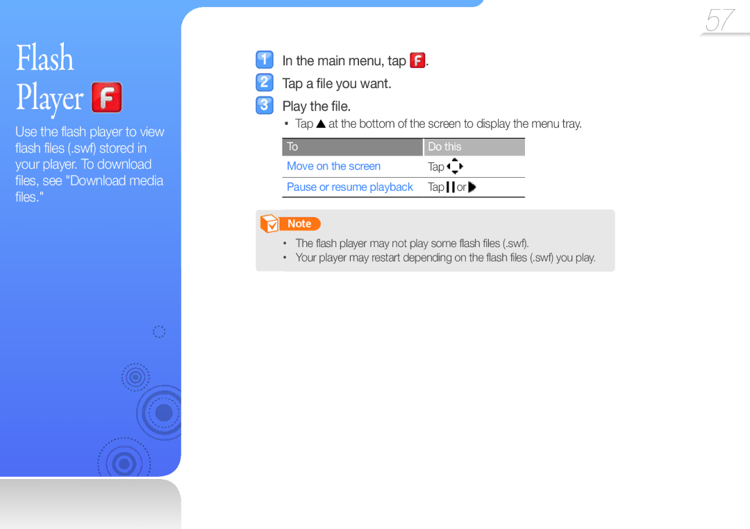Samsung YP-R1AB/AAW, YP-R1CS/AAW manual Flash Player, Main menu, tap Tap a file you want Play the file, Move on the screen 