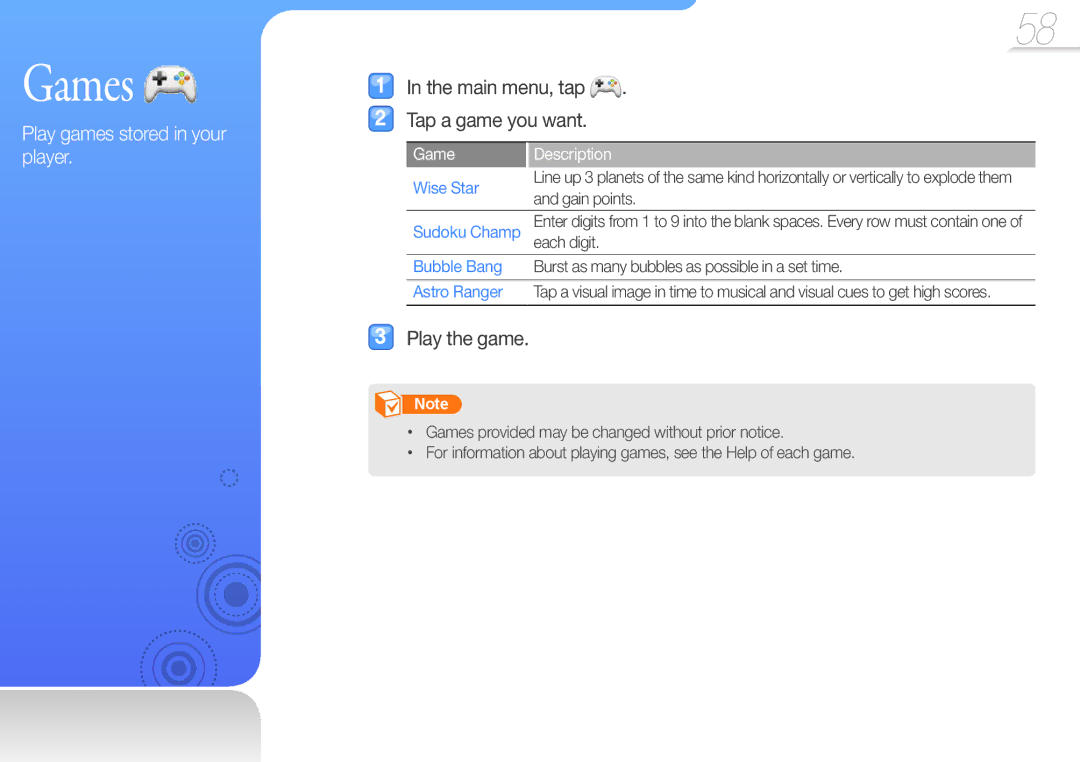 Samsung YP-R1CB/MEA, YP-R1CS/AAW Games, Main menu, tap Tap a game you want, Play the game, Game Description, Wise Star 