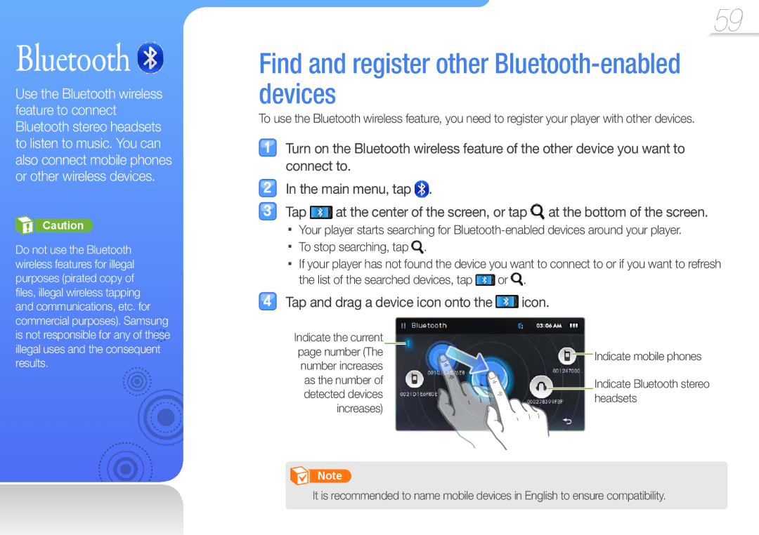 Samsung YP-R1CP/MEA manual Find and register other Bluetooth-enabled devices, Tap and drag a device icon onto the icon 