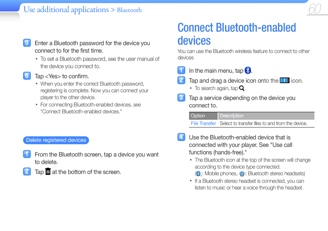 Samsung YP-R1ES/MEA manual Use additional applications Bluetooth, Main menu, tap Tap and drag a device icon onto the icon 