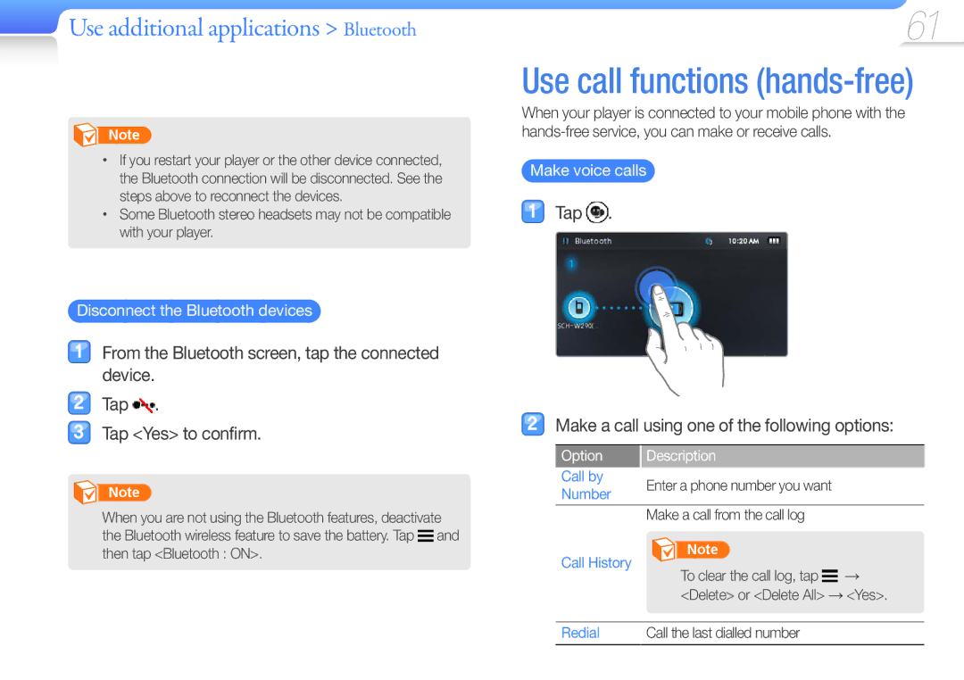 Samsung YP-R1EP/MEA Tap Make a call using one of the following options, Disconnect the Bluetooth devices, Make voice calls 