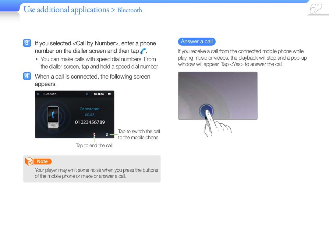 Samsung YP-R1ES/AAW manual When a call is connected, the following screen appears, Answer a call, Tap to end the call 