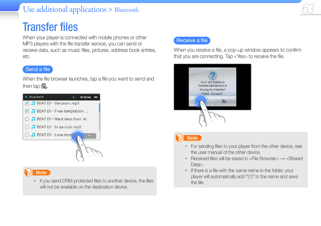 Samsung YP-R1CB/HAC, YP-R1CS/AAW, YP-R1CS/MEA, YP-R1CB/AAW, YP-R1AB/AAW manual Transfer files, Send a file, Receive a file 