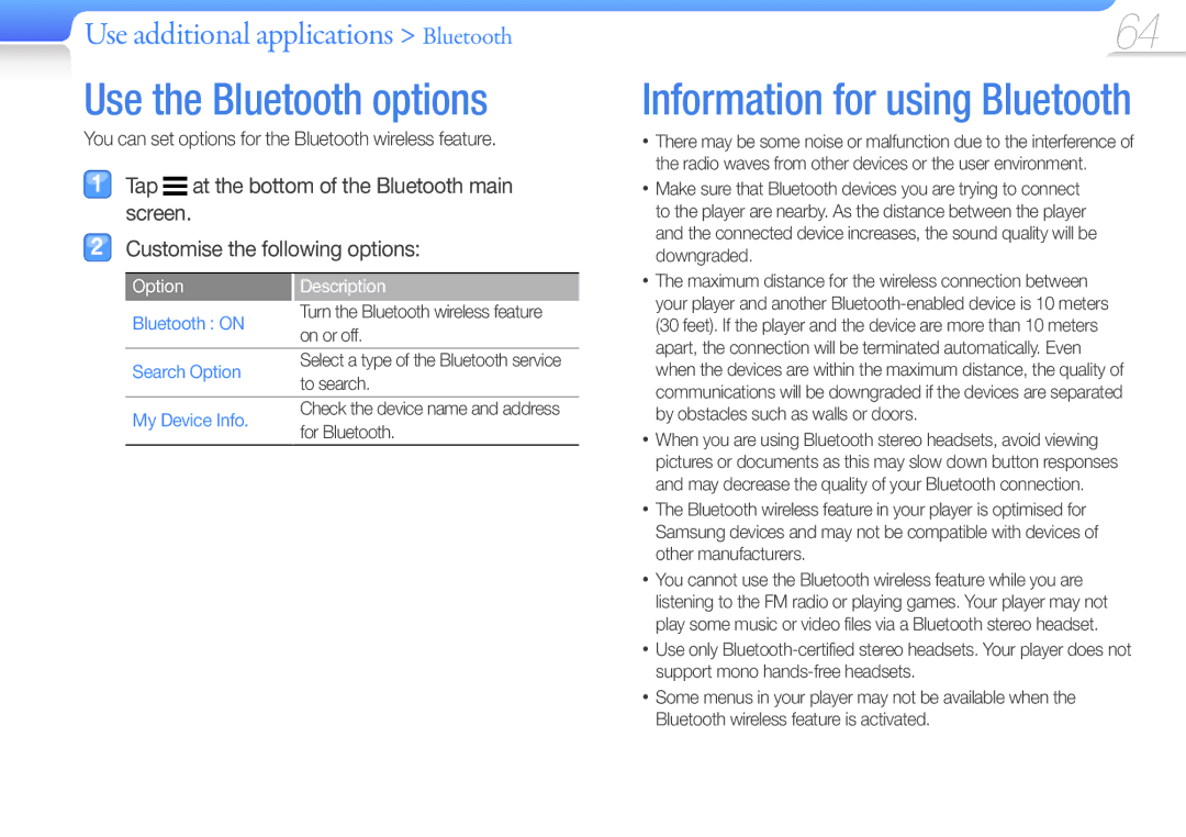 Samsung YP-R1EB/AAW manual Use the Bluetooth options, You can set options for the Bluetooth wireless feature, Bluetooth on 