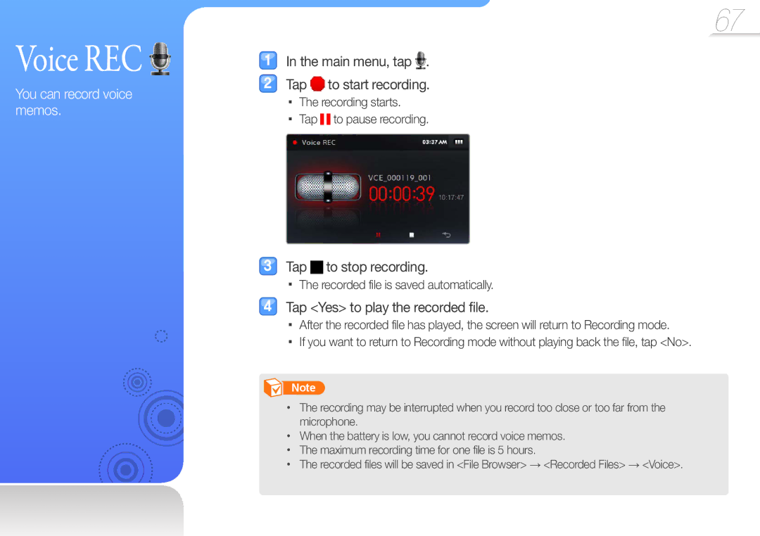 Samsung YP-R1AS/AAW, YP-R1CS/AAW Voice REC, Main menu, tap Tap to start recording, Recording starts Tap to pause recording 