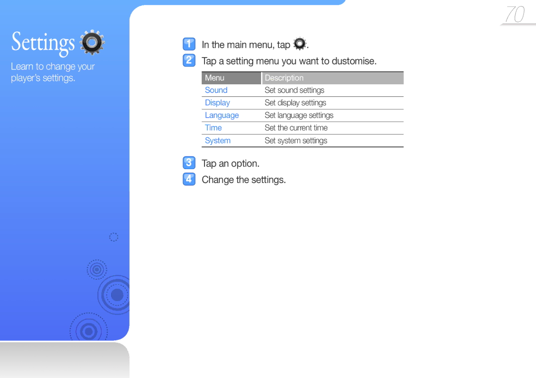 Samsung YP-R1CB/AAW Settings, Main menu, tap Tap a setting menu you want to dustomise, Tap an option Change the settings 