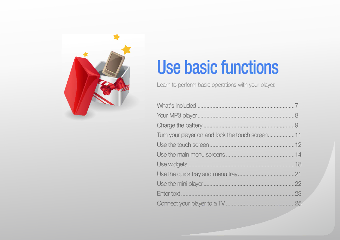 Samsung YP-R1ES/AAW, YP-R1CS/AAW, YP-R1CS/MEA, YP-R1CB/AAW, YP-R1AB/AAW, YP-R1CB/MEA, YP-R1CP/MEA manual Use basic functions 