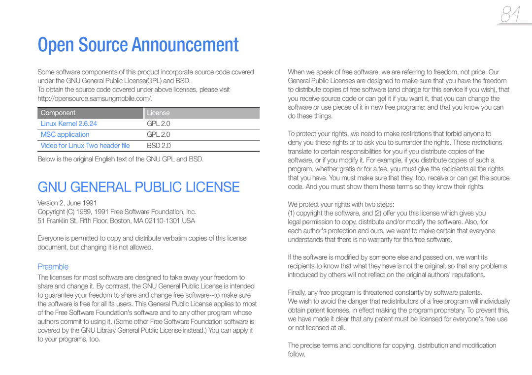 Samsung YP-R1CB/AAW, YP-R1CS/AAW, YP-R1CS/MEA, YP-R1AB/AAW, YP-R1CB/MEA, YP-R1CP/MEA, YP-R1ES/MEA manual Open Source Announcement 