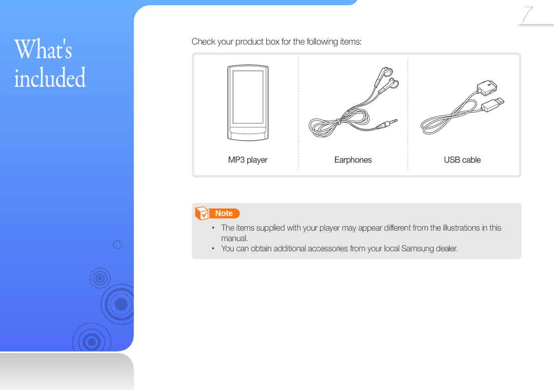 Samsung YP-R1CB/HAC, YP-R1CS/AAW manual Check your product box for the following items, MP3 player Earphones USB cable 