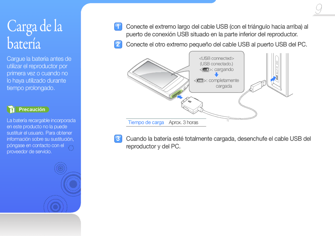 Samsung YP-R1JEP/EDC, YP-R1JCB/EDC, YP-R1JEB/EDC, YP-R1JES/XEF, YP-R1JCP/EDC Carga de la batería, Tiempo de carga Aprox horas 