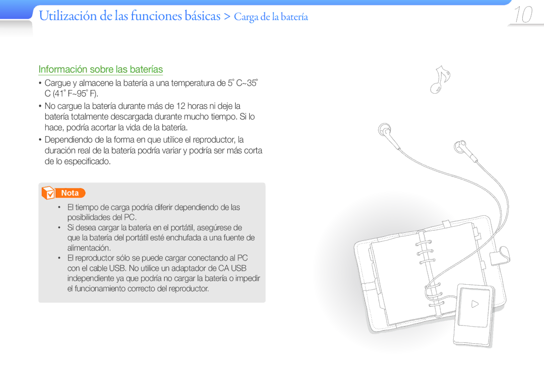 Samsung YP-R1JEB/EDC manual Utilización de las funciones básicas Carga de la batería, Información sobre las baterías 