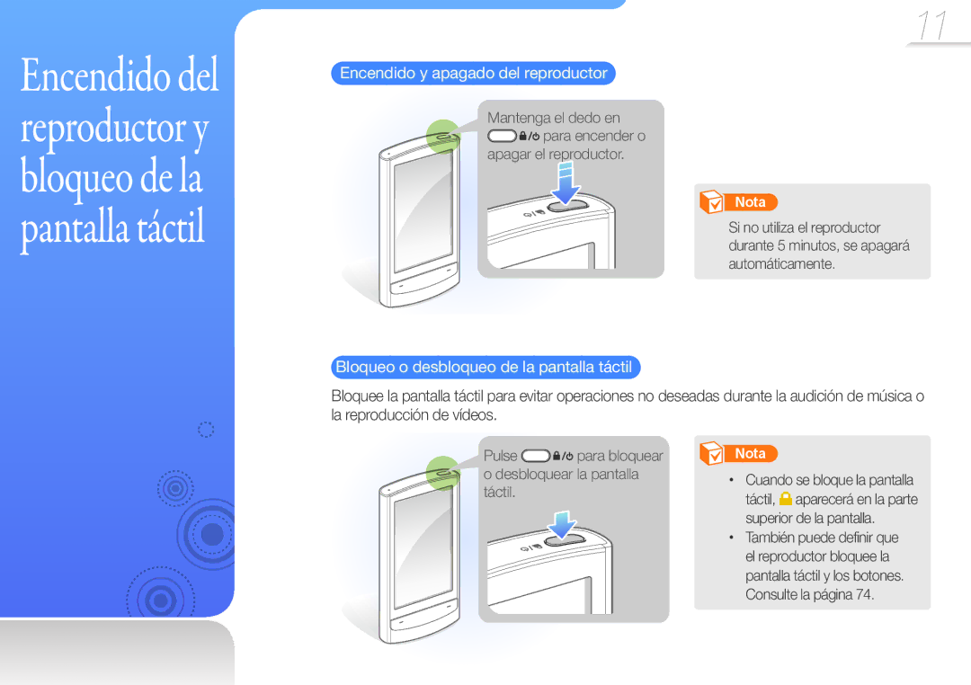 Samsung YP-R1JES/XEF, YP-R1JCB/EDC manual Encendido y apagado del reproductor, Bloqueo o desbloqueo de la pantalla táctil 