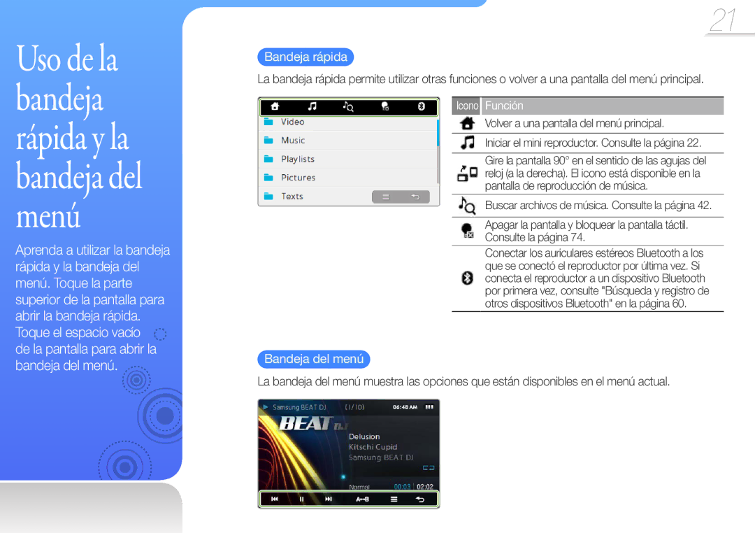 Samsung YP-R1JES/XEF, YP-R1JCB/EDC, YP-R1JEP/EDC, YP-R1JEB/EDC, YP-R1JCP/EDC manual Bandeja del menú, Icono Función 