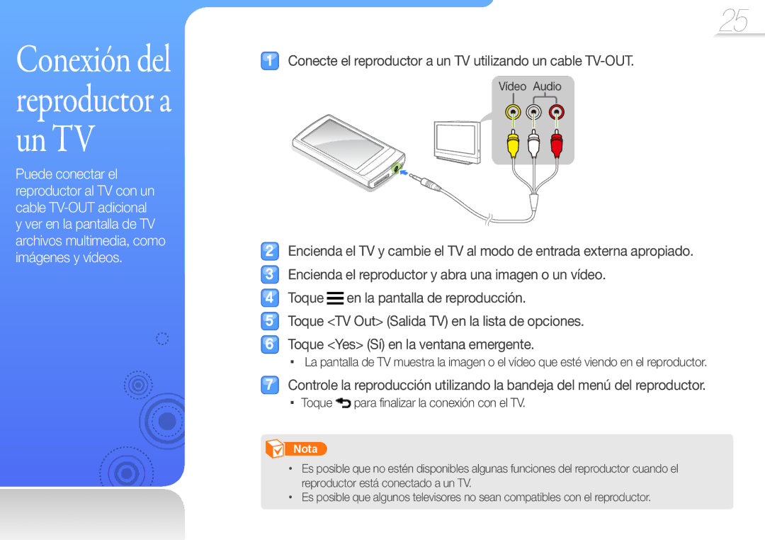 Samsung YP-R1JEB/EDC Conecte el reproductor a un TV utilizando un cable TV-OUT, Toque para finalizar la conexión con el TV 