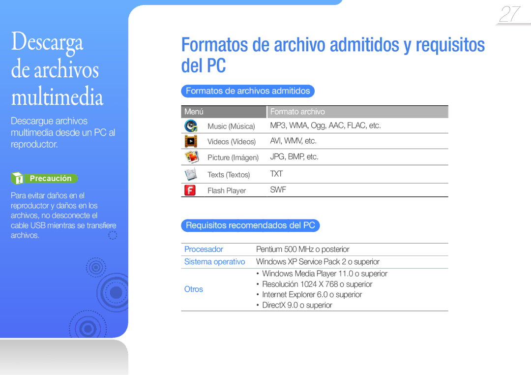 Samsung YP-R1JCP/EDC, YP-R1JCB/EDC manual Formatos de archivo admitidos y requisitos del PC, Formatos de archivos admitidos 