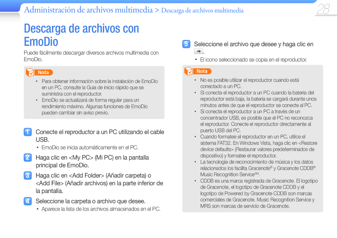 Samsung YP-R1JCB/EDC, YP-R1JEP/EDC Descarga de archivos con EmoDio, Conecte el reproductor a un PC utilizando el cable USB 