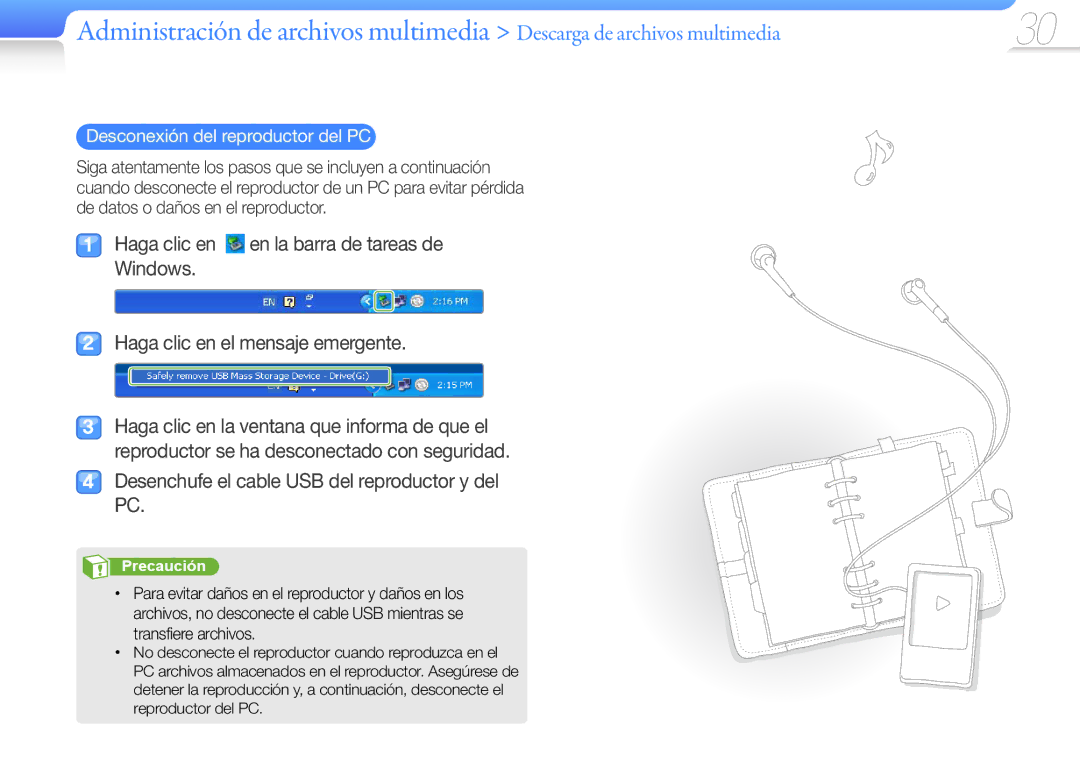 Samsung YP-R1JEB/EDC, YP-R1JCB/EDC Desenchufe el cable USB del reproductor y del PC, Desconexión del reproductor del PC 