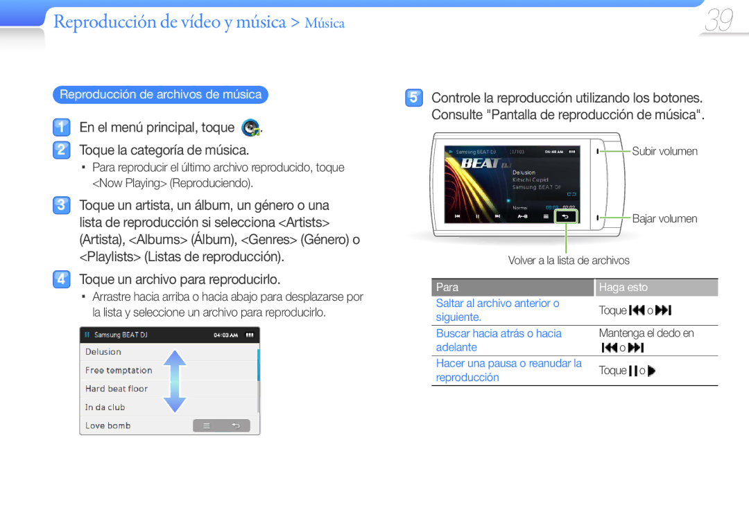 Samsung YP-R1JEP/EDC manual Reproducción de vídeo y música Música, En el menú principal, toque Toque la categoría de música 