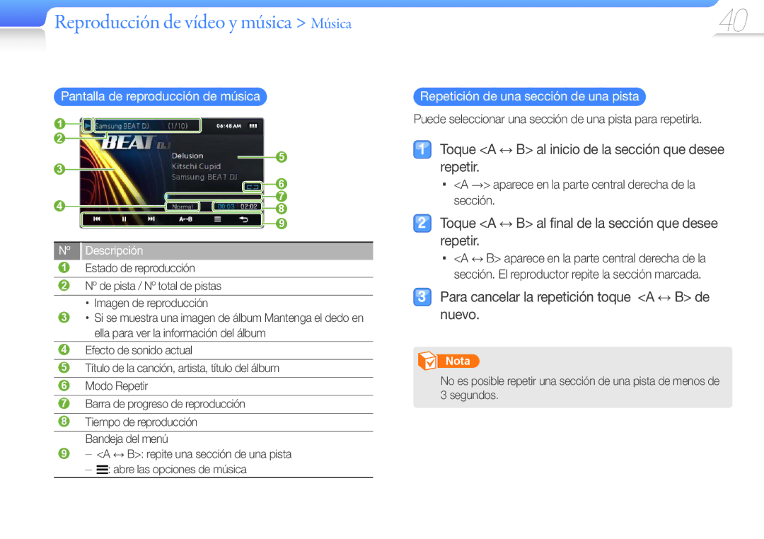 Samsung YP-R1JEB/EDC manual Toque a ↔ B al inicio de la sección que desee repetir, Pantalla de reproducción de música 