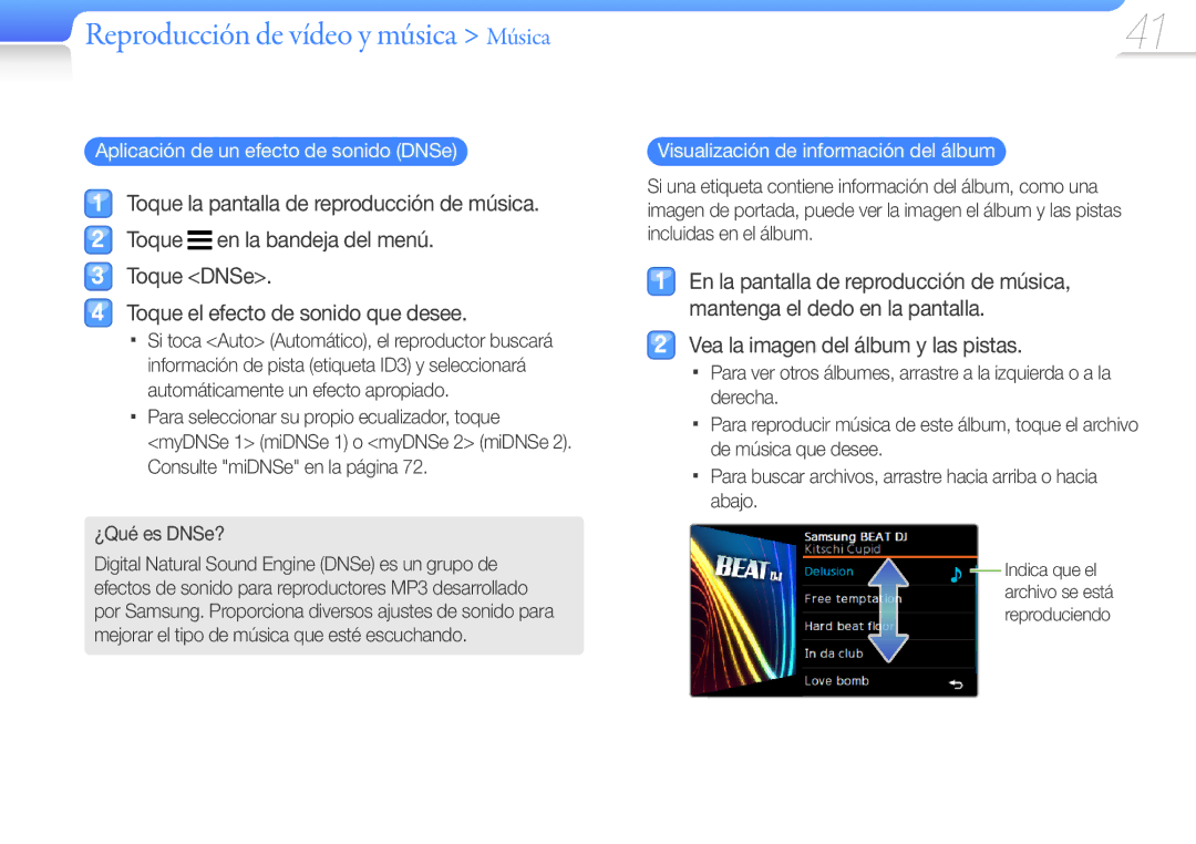 Samsung YP-R1JES/XEF, YP-R1JCB/EDC manual Vea la imagen del álbum y las pistas, Aplicación de un efecto de sonido DNSe 