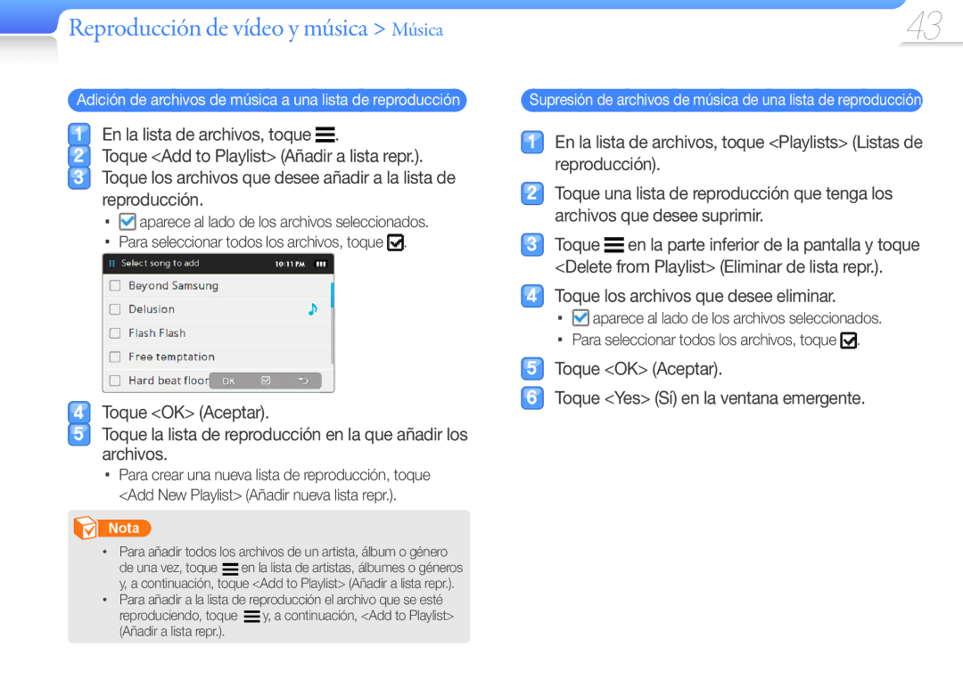 Samsung YP-R1JCB/EDC manual Toque los archivos que desee eliminar, Toque OK Aceptar Toque Yes Sí en la ventana emergente 