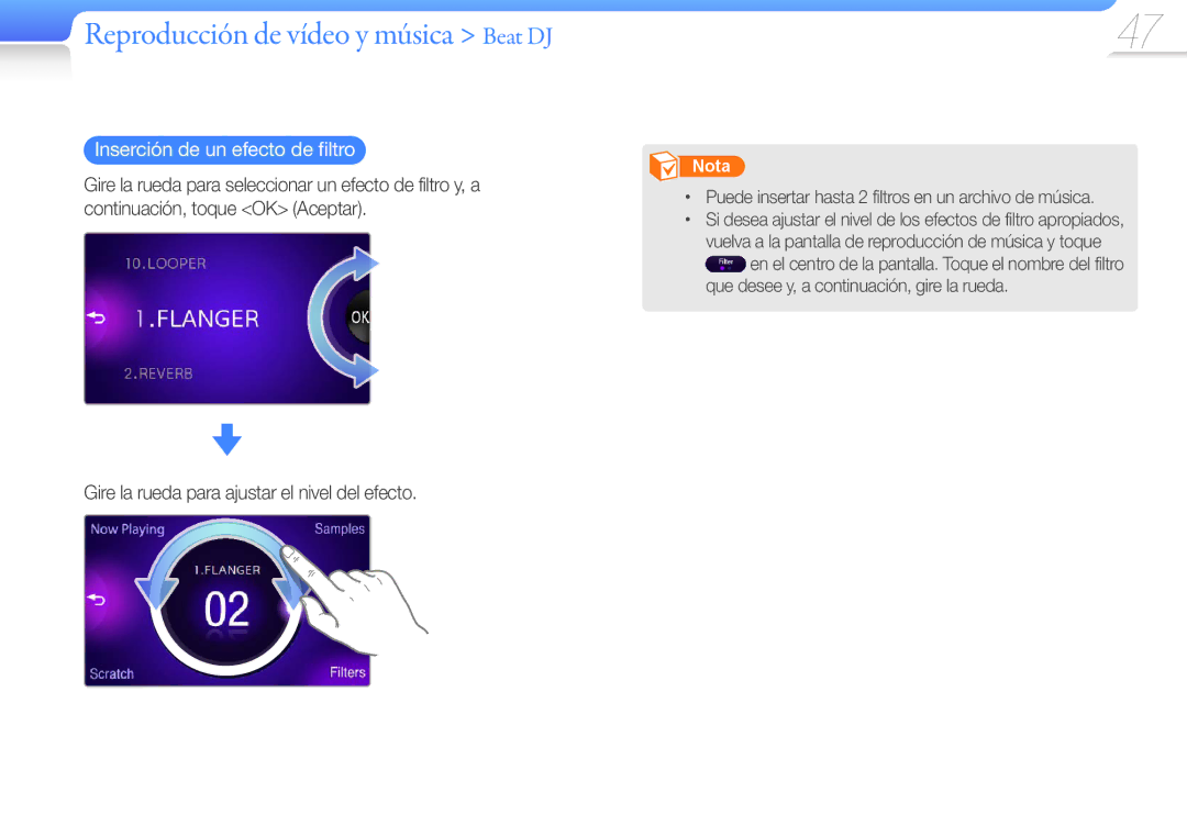 Samsung YP-R1JCP/EDC, YP-R1JCB/EDC manual Inserción de un efecto de filtro, Gire la rueda para ajustar el nivel del efecto 