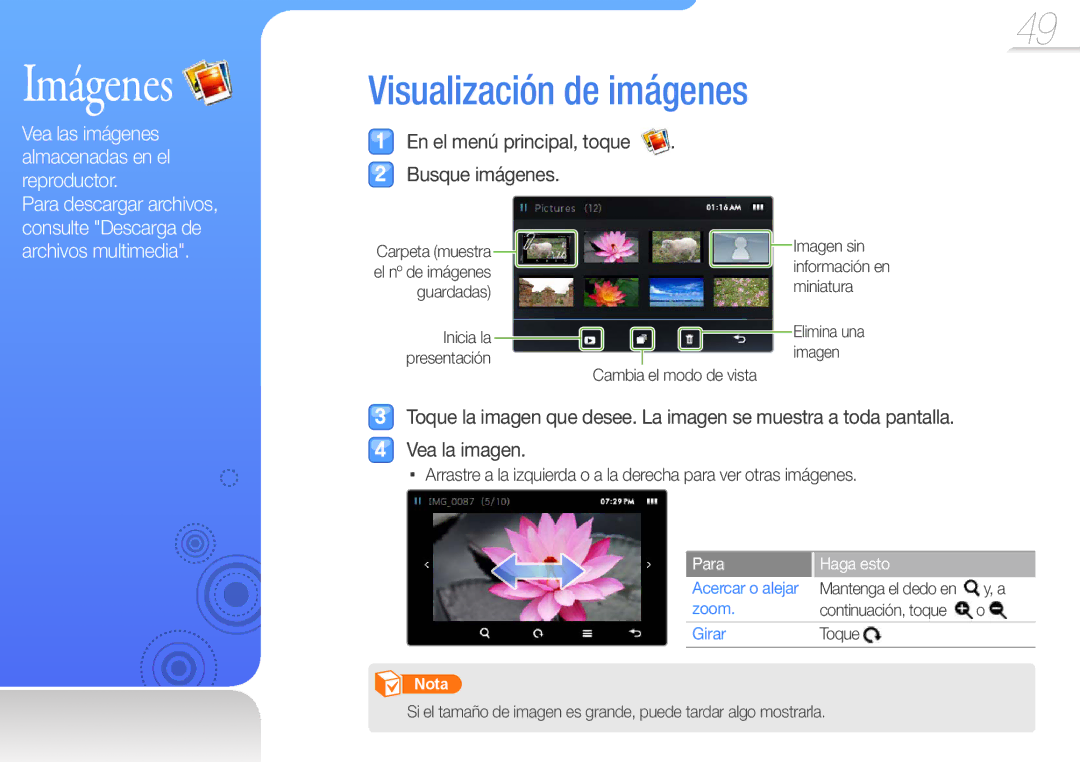 Samsung YP-R1JEP/EDC, YP-R1JCB/EDC manual Imágenes, Visualización de imágenes, En el menú principal, toque Busque imágenes 