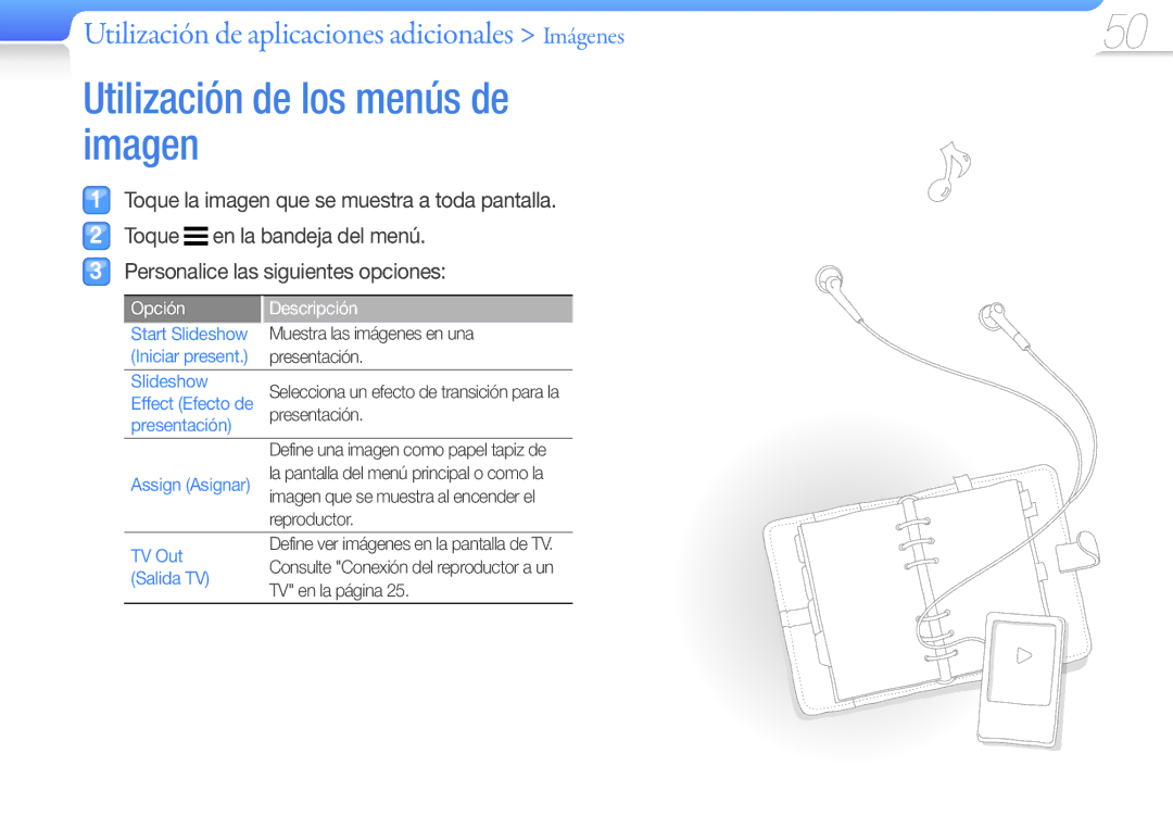 Samsung YP-R1JEB/EDC manual Utilización de los menús de imagen, Utilización de aplicaciones adicionales Imágenes, Slideshow 