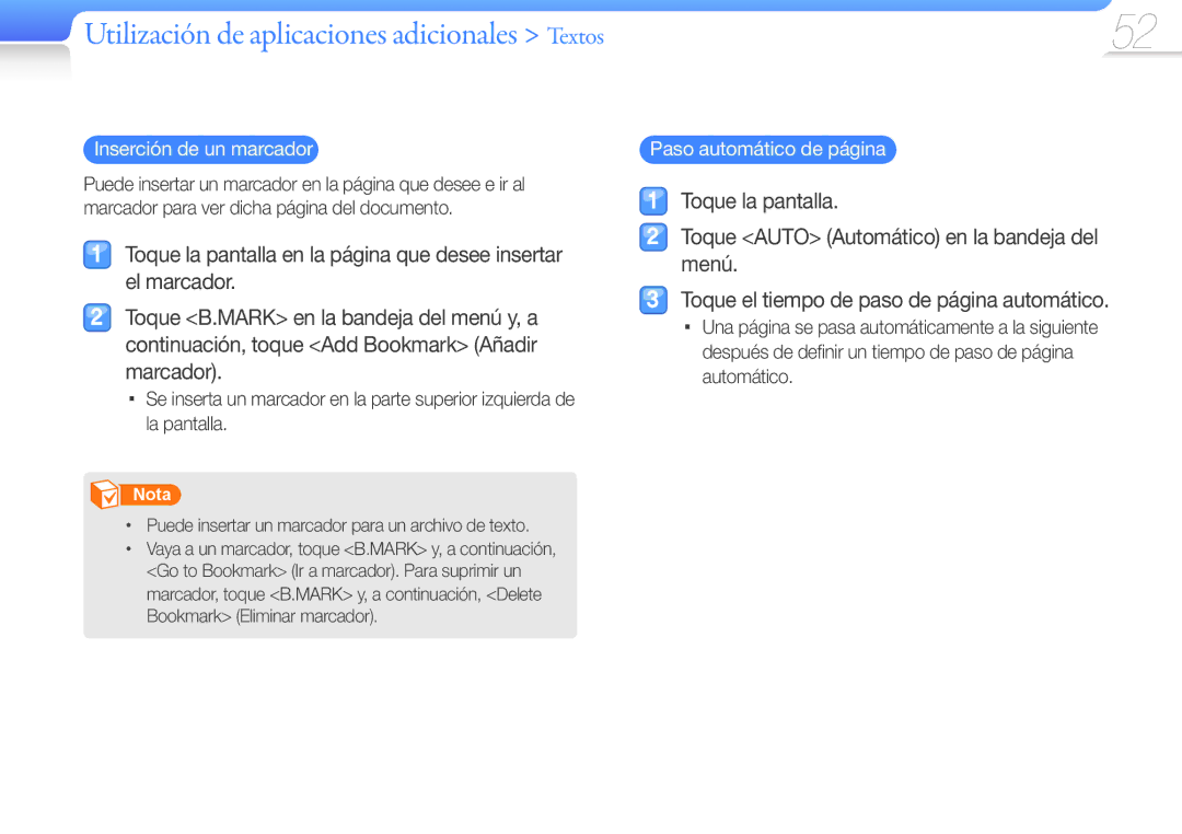 Samsung YP-R1JCP/EDC, YP-R1JCB/EDC, YP-R1JEP/EDC Utilización de aplicaciones adicionales Textos, Paso automático de página 