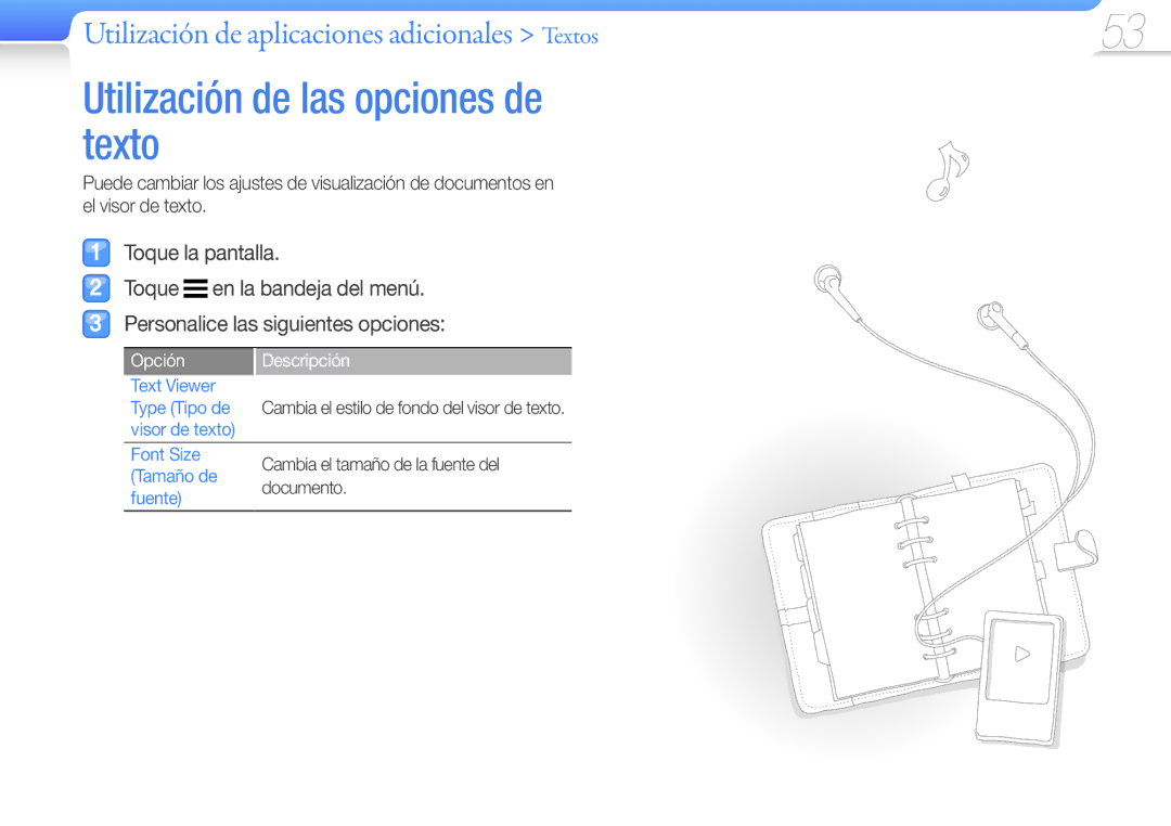 Samsung YP-R1JCB/EDC Utilización de las opciones de texto, Text Viewer Type Tipo de, Visor de texto Font Size, Tamaño de 