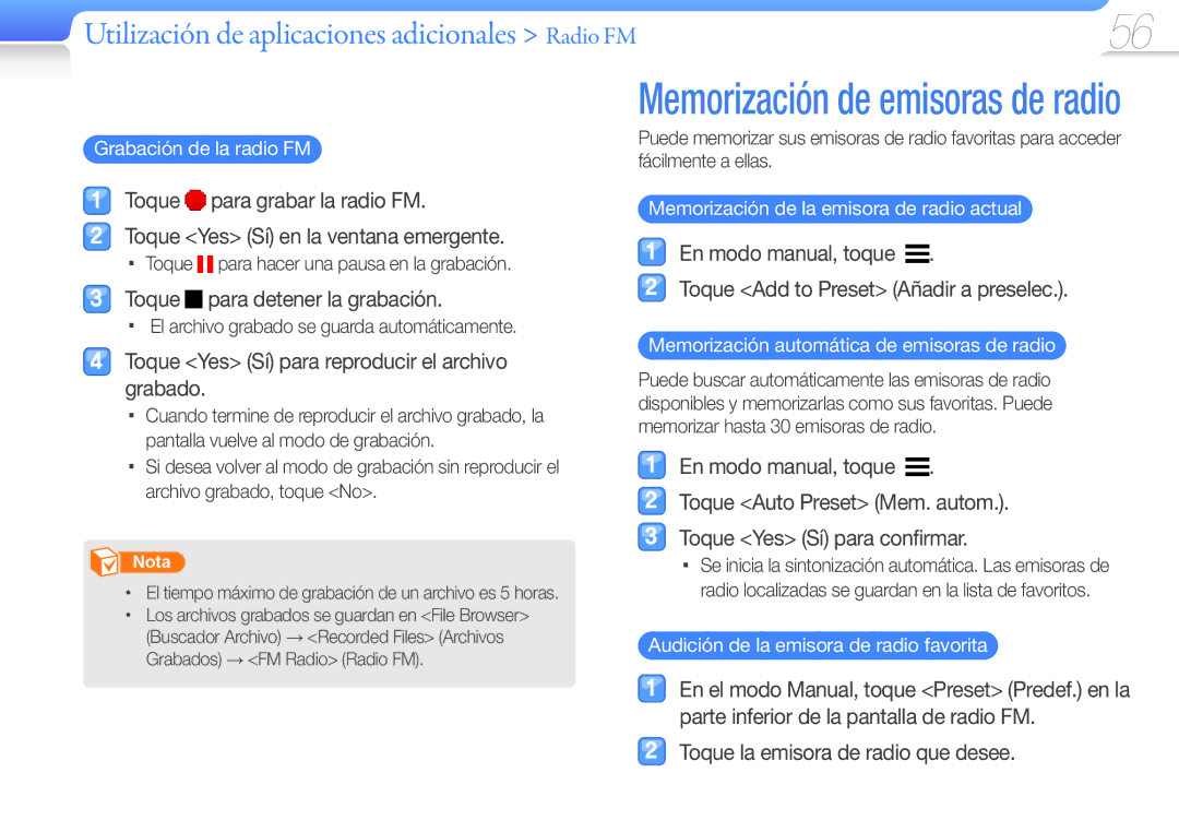 Samsung YP-R1JES/XEF, YP-R1JCB/EDC manual Toque para detener la grabación, Toque Yes Sí para reproducir el archivo grabado 