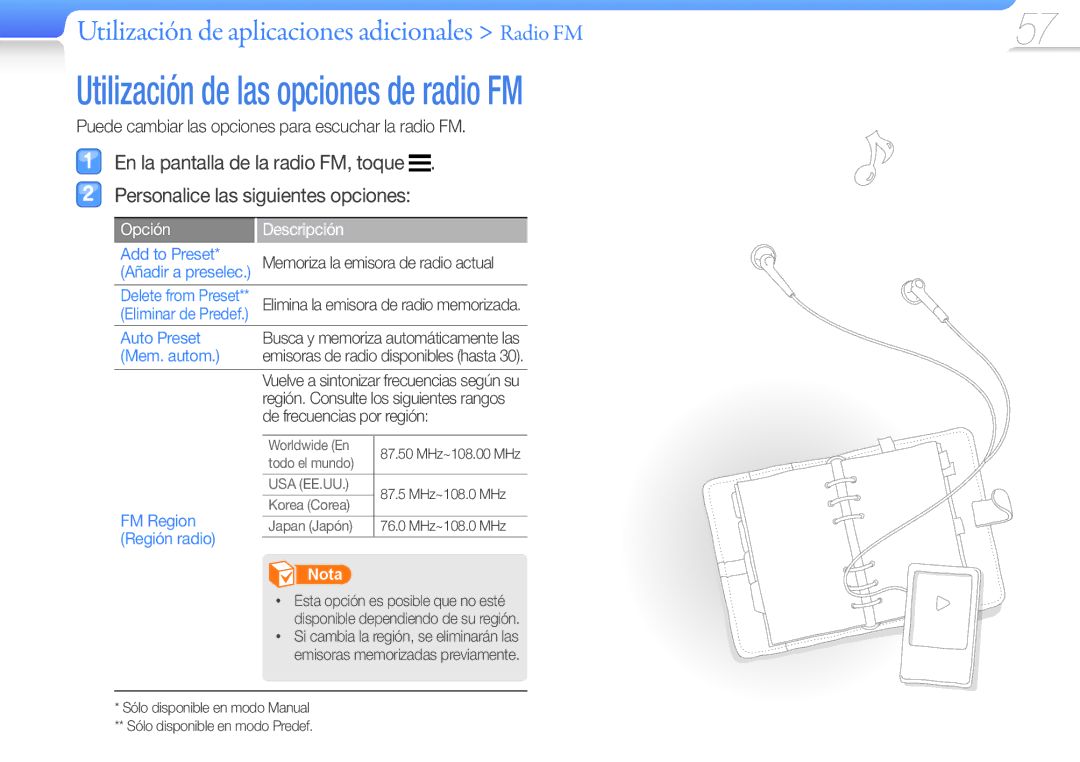 Samsung YP-R1JCP/EDC manual Utilización de las opciones de radio FM, Puede cambiar las opciones para escuchar la radio FM 