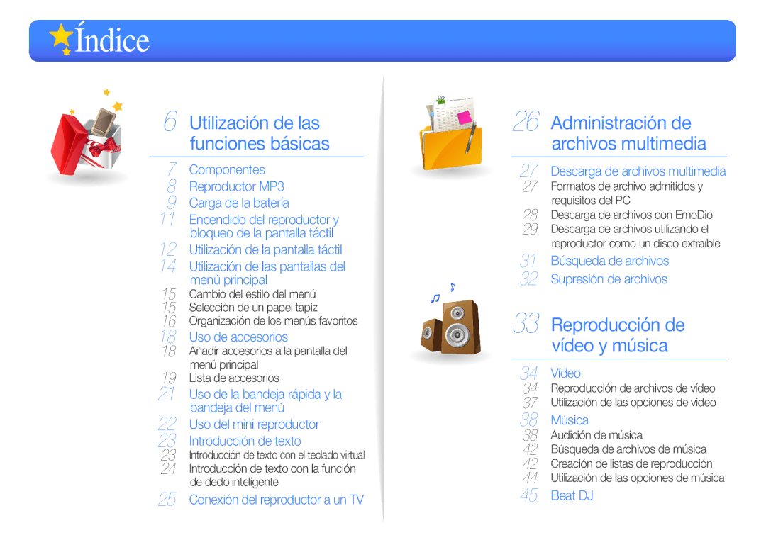 Samsung YP-R1JEP/EDC, YP-R1JCB/EDC, YP-R1JEB/EDC, YP-R1JES/XEF, YP-R1JCP/EDC manual Índice 