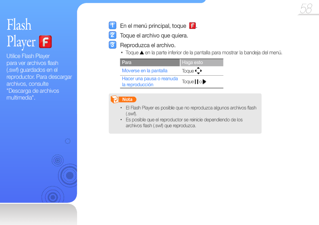 Samsung YP-R1JCB/EDC, YP-R1JEP/EDC, YP-R1JEB/EDC, YP-R1JES/XEF manual Flash Player, Moverse en la pantalla, La reproducción 