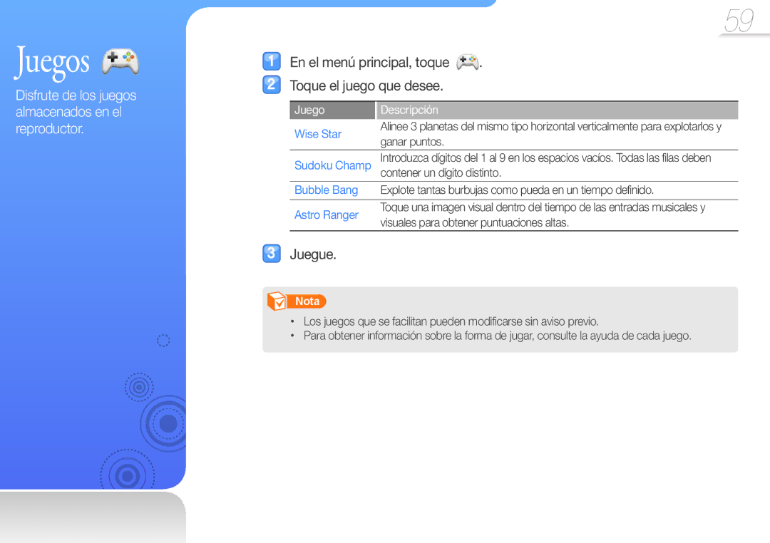 Samsung YP-R1JEP/EDC, YP-R1JCB/EDC Juegos, En el menú principal, toque Toque el juego que desee, Juegue, Juego Descripción 