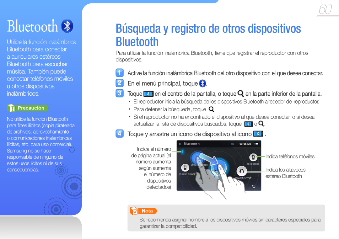 Samsung YP-R1JEB/EDC manual Búsqueda y registro de otros dispositivos Bluetooth, Para detener la búsqueda, toque 