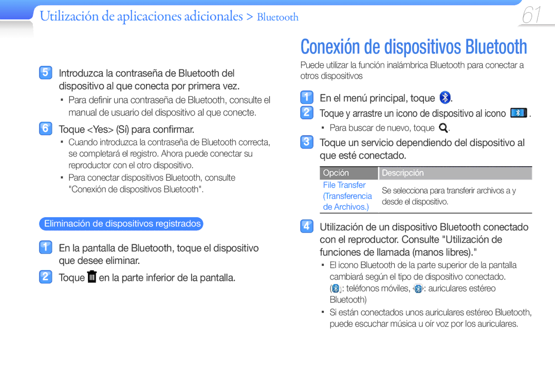 Samsung YP-R1JES/XEF, YP-R1JCB/EDC manual Utilización de aplicaciones adicionales Bluetooth, En el menú principal, toque 