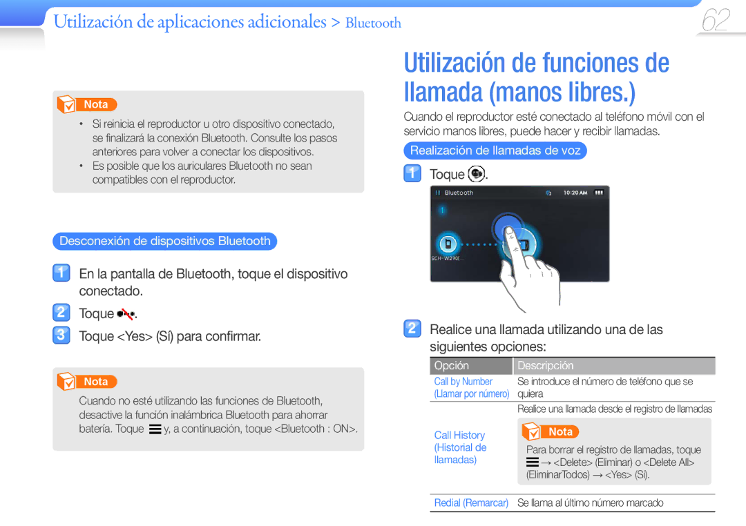 Samsung YP-R1JCP/EDC, YP-R1JCB/EDC, YP-R1JEP/EDC manual Desconexión de dispositivos Bluetooth, Realización de llamadas de voz 